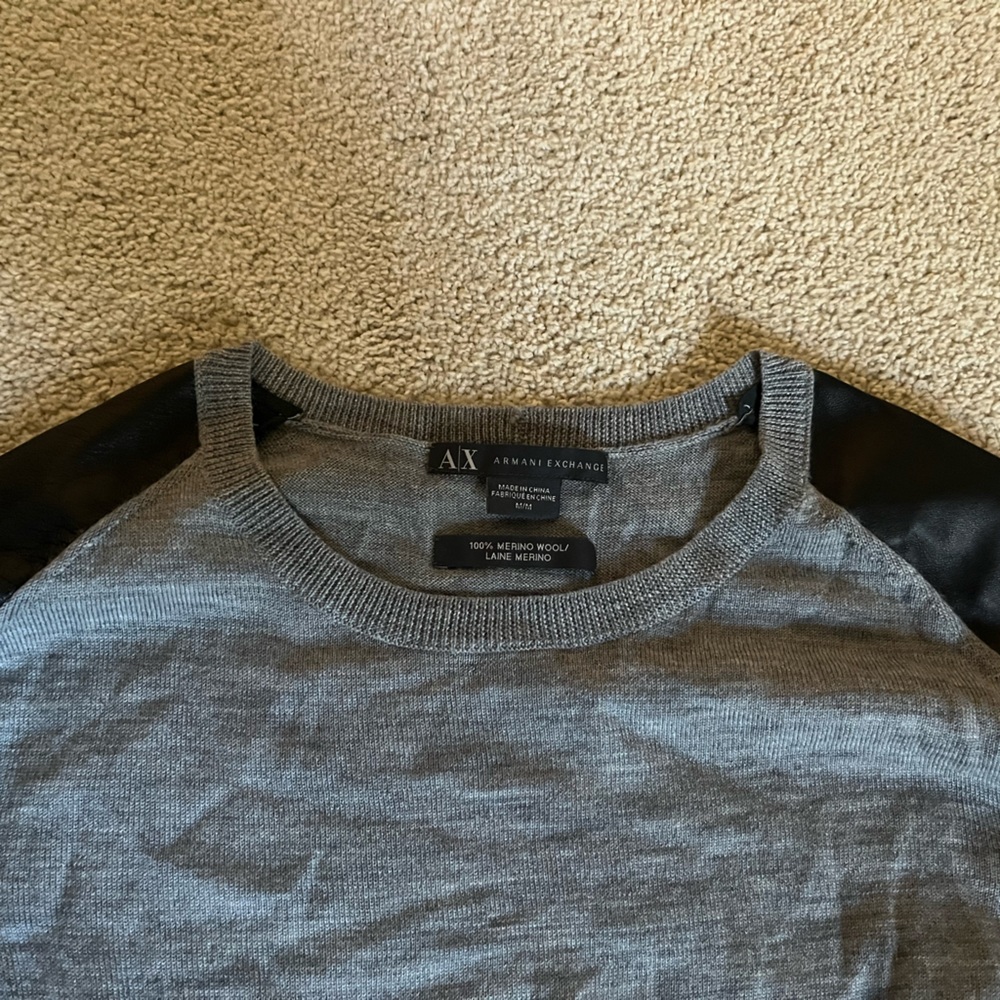 Grey Wool Sweater- Leather Shoulders